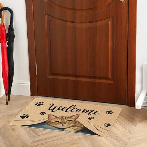 Miniatura 4 de Heyfibro Tapete de bienvenida para puerta de gato, tapete antideslizante de huella de mascota, decoración familiar, 29 x 17 pulgadas, tapete de goma