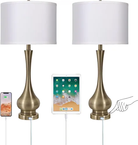 Miniatura 2 de Lámpara táctil para dormitorios juego de 2, juegos de lámparas de mesa de noche regulables de 3 vías con pantalla de tela de lino, lámpara