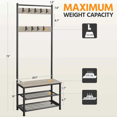 Miniatura 3 de Yaheetech Perchero, árbol de pasillo con banco de zapatos, almacenamiento de zapatos de entrada con perchero, 9 ganchos móviles, muebles de entrada