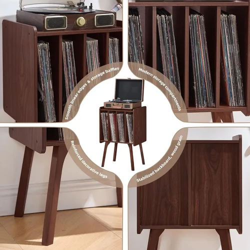 Miniatura 9 de LELELINKY Soporte para tocadiscos, mesa de almacenamiento de discos de vinilo de nogal con 4 gabinetes de hasta 100 álbumes, soporte para tocadiscos