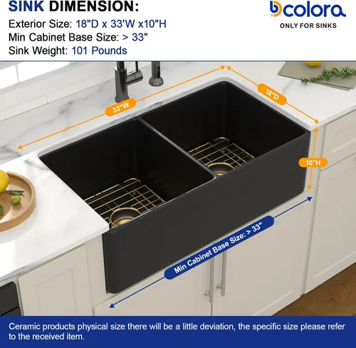 Miniatura 6 de Dcolora Fregadero de porcelana de cerámica negra de 33 pulgadas, fregadero de cocina frontal con delantal de arcilla refractaria con accesorios