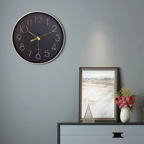 Miniatura 4 de Topkey Reloj de pared negro de 12 pulgadas, silencioso, sin tictac, reloj de pared redondo decorativo para sala de estar, dormitorio, cocina
