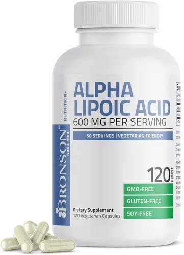 Bronson Ácido alfa lipoico 600 mg eliminador de radicales libres apoya la salud antioxidante, sin OMG, 120 cápsulas vegetarianas (60 porciones)
