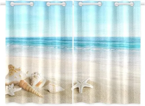 Miniatura 4 de ALALAL Cortinas de baño de playa, cortinas de cocina con diseño tropical de estrella de mar y conchas de mar, cortina de privacidad con ojales