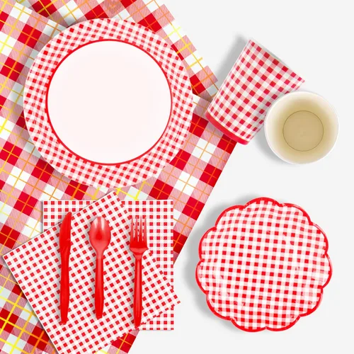 Miniatura 4 de Gatherfun suministros para fiesta con cuadros rojos y blancos, platos, servilletas, vasos, cuchillos, cucharas, tenedores, mantel y pancarta