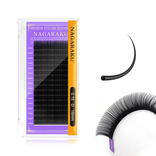 Miniatura 218 de NAGARAKU Extensiones de pestañas, pestañas individuales, 0.05mm, rizo D, 15mm, clásico, negro mate, suave, natural, profesional, 16 filas, 0.05-D