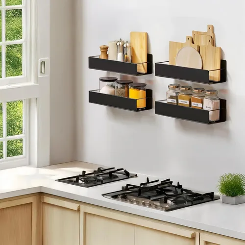 Miniatura 3 de Estante para especias de montaje en pared: 4 paquetes de almacenamiento y organización de despensa de gran tamaño sin taladrar – 11.8 pulgadas negro