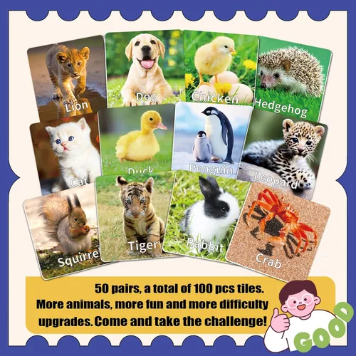 Miniatura 6 de YTSQLER Juego de emparejamiento de animales para niños 100 piezas Juego de cartas de memoria para niños pequeños Actividades de aprendizaje