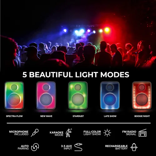 Miniatura 5 de Coby Spectra True - Altavoz Bluetooth inalámbrico, altavoz portátil con 5 modos de luz y micrófono, radio FM, batería recargable, USB, micro USB
