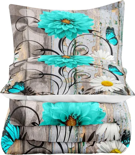 Miniatura 4 de LUVIVIHOME Juego de edredón floral verde azulado, tamaño Queen, juego de ropa de cama de dalia turquesa y margarita blanca, margarita azul