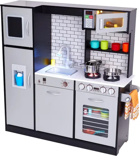 Set de cocina de madera para niños Lil' Jumbl, cocina de juguete de simulación, heladera con batería, quemadores, grifo y microondas con sonido y