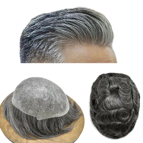 Miniatura 51 de Tupé de piel ultra fina para hombres pieza de cabello humano real sistema de reemplazo 0.002 in Mens Toupee Hairpiece para hombres V-Loop 8x10 80%