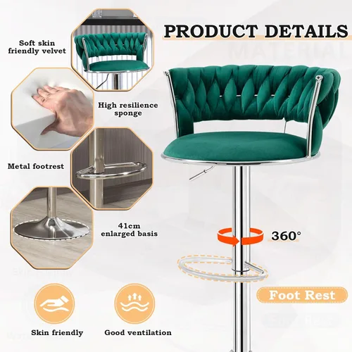 Miniatura 6 de Juego de 3 taburetes de bar verde esmeralda, modernos taburetes de bar giratorios de 360° con base plateada, sillas de bar de terciopelo, taburete