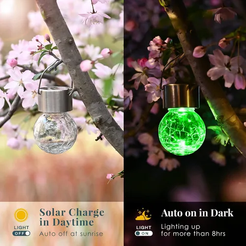 Miniatura 6 de Solpex Luces solares colgantes al aire libre, paquete de 8 luces decorativas de bola de vidrio agrietado, iluminación solar impermeable, luces