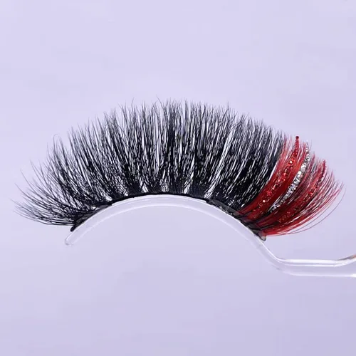 Miniatura 2 de Pestañas postizas negras con reflejos rojos, 1 par de pestañas de tira voluminosa con purpurina para un aspecto dramático, color rojo en el extremo