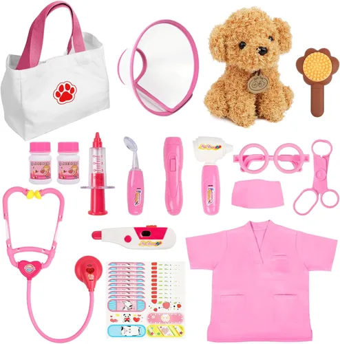 Liberry Kit de médico para niños pequeños de 3, 4, 5, 6, 26 piezas, juego de médico con juguete para perro, estetoscopio y disfraz de disfraz, Rosa