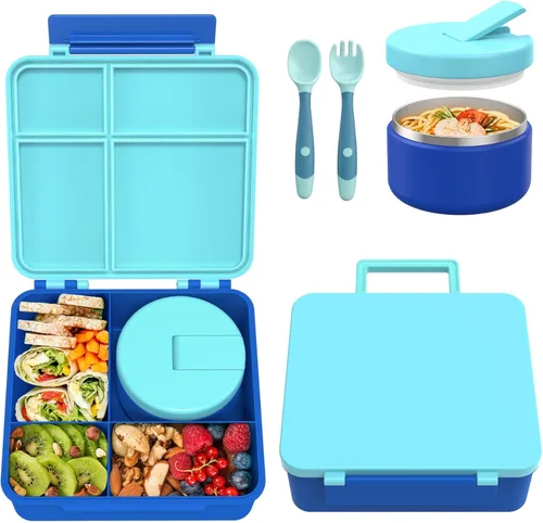 Miniatura 9 de Pawtong Lonchera Bento con termo de sopa de 8 onzas, recipientes de comida a prueba de fugas para niños con 4 compartimentos, recipiente de comida