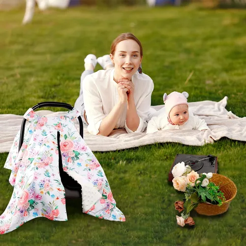 Miniatura 6 de Funda para Asiento de Carro de Bebé, Toldo de Asiento de Carro con Abertura Peekaboo de Primavera para Bebés Niñas y Niños, Fundas de Lactancia Flor