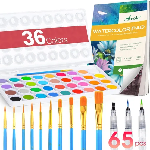 AROIC Juego de pintura de acuarela de 65 piezas, 36 colores de acuarela, 10 pinceles, 3 pinceles de agua recargables, 16 páginas (8.5 x 5.5