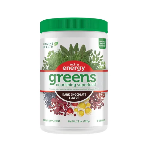 Genuine Health Greens + Extra Energy Superfood Powder, proporciona un impulso de energía inmediato y apoya la salud intestinal, sabor a chocolate