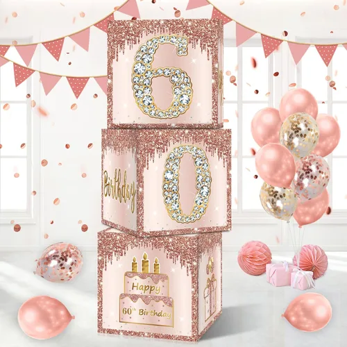 Guiruiy Paquete de 3 cajas de globos de cumpleaños de 60 años de color rosa y oro rosa, 10.6 x 10.6 x 10.6 pulgadas, decoraciones de feliz