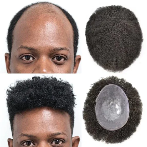 Miniatura 14 de Afro Curl Toupee para hombres unidades de cabello humano real para hombres negros inyectados PU tupé afroamericano para hombre postizo de pelo