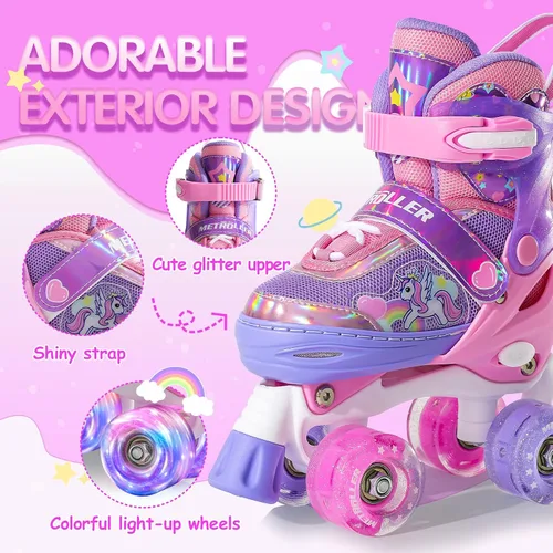 Miniatura 6 de METROLLER Patines de ruedas para niñas de 4 a 6, 5 a 8, 8 a 12 años, patines ajustables para niñas pequeñas, ruedas brillantes, diseño de unicornio