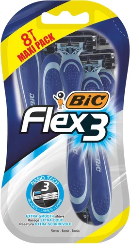 Bic Flex 3 Comfort - Maquinillas de afeitar para hombre, paquete de 8, con tres cuchillas móviles y tiras lubricantes para un afeitado extra suave