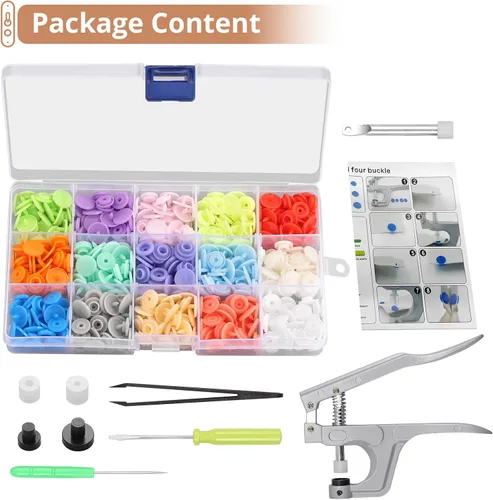 Miniatura 8 de Kamtop Juego de alicates a presión, 120 juegos de botones a presión de plástico T5 de 15 colores, broches de presión, alicates de presión