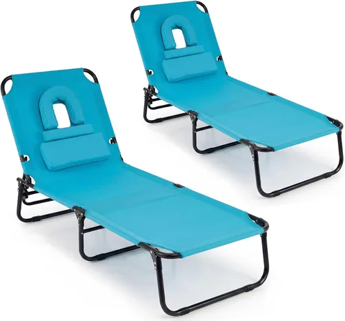 Miniatura 15 de Giantex Silla bronceadora, silla de patio ajustable con orificio para la cara, almohadas extraíbles, correa de transporte, silla de diseño, silla