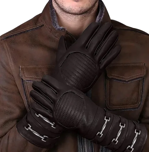 Miniatura 3 de URBAN BUCK Guante de disfraz de cuero de oveja real, guantelete de cielo, ajuste regular, puño largo para hombre, sin forro, guantes de cosplay