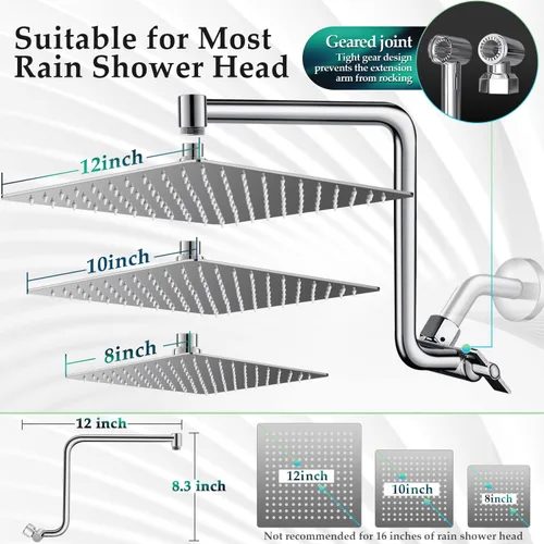Miniatura 6 de Brazo de extensión de cabezal de ducha tipo lluvia, brazo de extensión de ducha de metal de 12 pulgadas, extensor de cabezal de ducha curvado Cromo