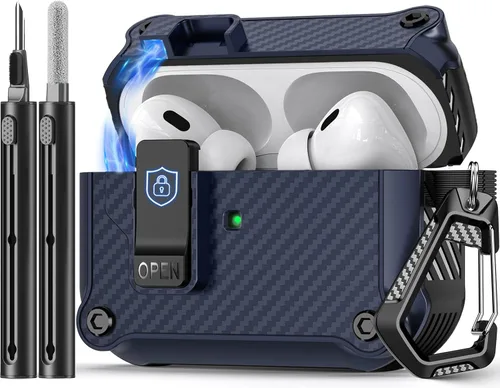 Miniatura 44 de Pohgelan - Funda compatible con AirPods Pro 2ª/1ª (azul) Cerradura magnética automática con kit de limpieza, compatible con Magsafe
