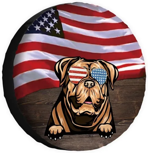 Miniatura 19 de Cubierta de neumático de repuesto para perro salchicha con gafas de sol con bandera de Estados Unidos, fundas protectoras de ruedas a prueba