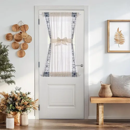 Miniatura 22 de jinchan Cortina de puerta francesa semitransparente con lazos de amarre, cortina de privacidad de gasa bordada floral para puerta de patio, armario