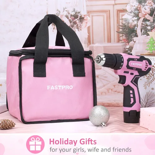 Miniatura 2 de FASTPRO Kit de taladro rosa de 42 piezas de 12 V, taladro inalámbrico de 3/8 pulgadas con baterías de 1.5 Ah, cargador y bolsa de herramientas