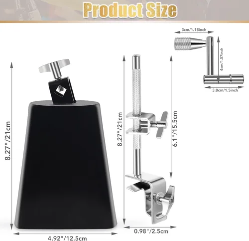 Miniatura 2 de 15 cm de cencerro y abrazadera de cencerro, cencerro para set de tambores, soporte de cencerro percusión, soporte ajustable de cencerro para aro