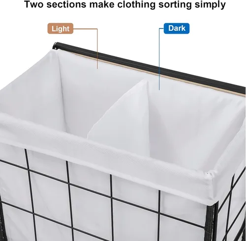 Miniatura 5 de Cesta de lavandería duradera con bolsa interior extraíble, ruedas resistentes, tapa de madera y asa de metal - Clasificador de ropa y canasta