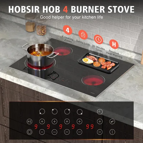 Miniatura 3 de Hobsir - Placa de cocina eléctrica de 30 pulgadas, 4 quemadores, estufa eléctrica, estufa de cerámica de 6800 W con marco de metal de vidrio, 30