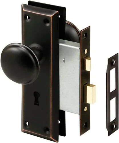 Prime-Line E 2495 Mortise, conjunto de cerradura, con llave, perilla de bronce clásica