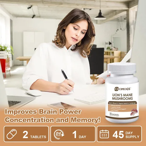 Miniatura 5 de OMOGS Cápsulas de suplemento de complejo de hongos extracto 10:1, suplemento de melena de león con Cordyceps, Reishi, para la salud del cerebro