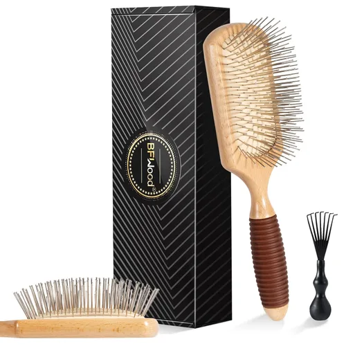 BFWood Cepillo de pelo de paleta con cerdas de acero, cepillo de pelo de metal, ayuda al crecimiento del cabello y masaje del cuero cabelludo,