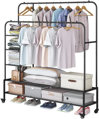 Miniatura 13 de SUOERNUO Perchero con ruedas para ropa, estante para colgar ropa resistente, estante metálico enrollable para dormitorio, armario (Negro)