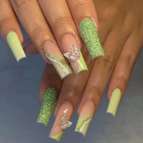 Miniatura 26 de MISUD Uñas postizas a presión – Uñas postizas largas con punta francesa negra, diseño de diamantes de imitación verde acrílico, 24 piezas 01702verde