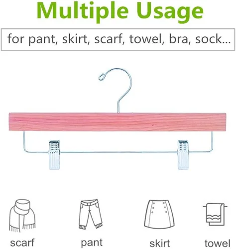 Miniatura 4 de Amber Home Paquete de 12 perchas para pantalones de madera de cedro rojo americano, perchas de madera de cedro natural con 2 clips ajustables
