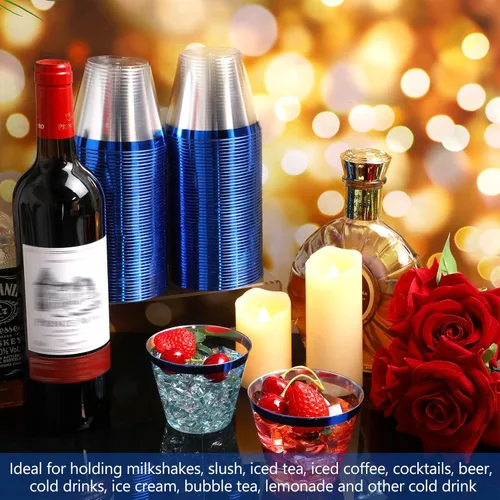 Miniatura 4 de Lounsweer 100 Piezas Vasos de Plástico con Borde de 9oz, Copas de Cóctel Transparentes para Bodas, Copas de Vino Desechables Resistentes para Azul