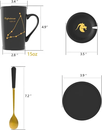 Miniatura 4 de Regalos de cumpleaños de Capricornio para mujeres, taza de café de cerámica de 15 oz con tapa, cuchara y posavasos, tazas de astrología