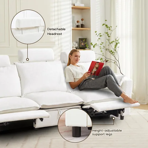 Miniatura 9 de Sofá reclinable eléctrico de gran tamaño, sofá reclinable de chenilla blanco crema con reposacabezas ajustable, almohadas, juego de muebles