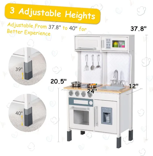 Miniatura 7 de Juego de cocina, cocina de madera para niños pequeños con grifo, fregadero, máquina de hielo, juguetes de cocina, alturas ajustables, estufa, cocina