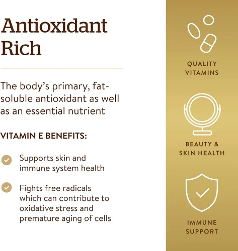 Miniatura 4 de Solgar Vitamina E 200 UI Alfa, 100 cápsulas blandas – Antioxidante, Envejecimiento saludable, Piel sana, Apoyo del sistema inmunológico – Fuente